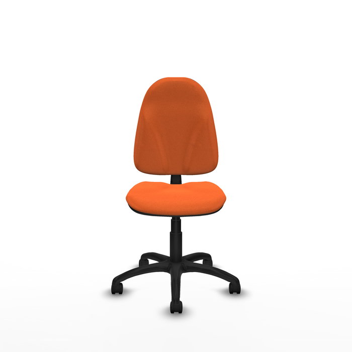 Silla de oficina Algarra con mecanismo Contacto permanente básico tapizada con Tela color Naranja. Equipada con Base poliamida negra, Sin brazos y Ruedas de nailon 50 mm