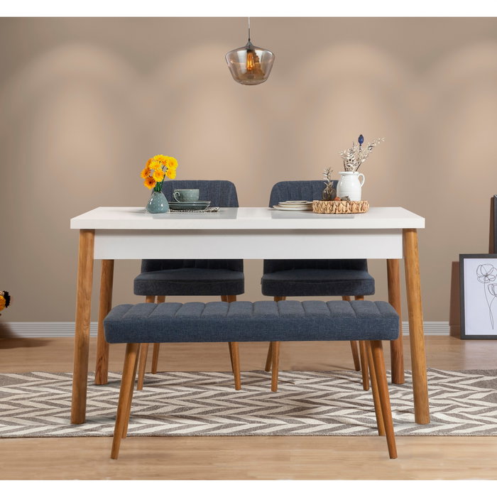 Hanah Home Conjunto Mesa y Sillas con Banco Comedor Pino Atlántico y Azul Marino Estilo Escandinavo 120x75cm