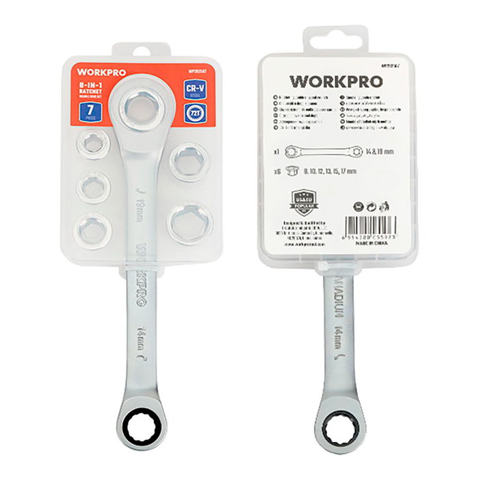 Workpro Llave de estrella doble con carraca 7 piezas, acero cr-v, 6 bocas intercambiables 8-17 mm, 14 x 19 mm