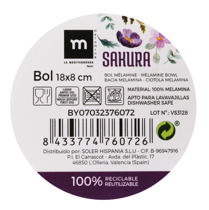 La Mediterranea Bol Melamina Sakura 18 cm x 8 cm Brillo Md (24 Unidades)