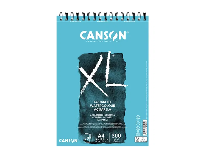 Canson Bloc Dibujo Acuarela XL Aquarelle Grano Fino DIN A4 Microperforado Espiral 21x29,7 cm 30 Hojas 300 gr/m2