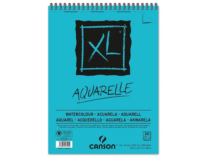 Canson Bloc Dibujo Acuarela XL Aquarelle Grano Fino DIN A4 Microperforado Espiral 21x29,7 cm 30 Hojas 300 gr/m2