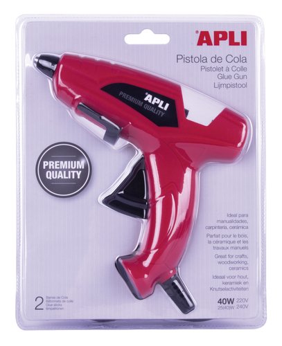 APLI Pistola de cola termofusible 40W con 2 barras de silicona APLI Pistola de cola termofusible 40W con 2 barras de silicona