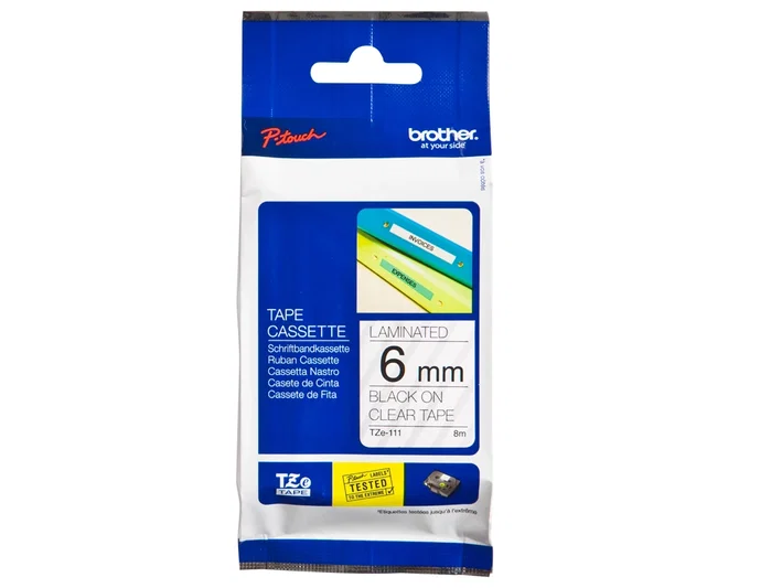 Brother TZe-111 Cinta Laminada Transparente con Texto Negro 6mm x 8m Brother TZe-111 Cinta Laminada Transparente con Texto Negro 6mm x 8m