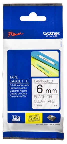 Brother TZe-111 Cinta Laminada Transparente con Texto Negro 6mm x 8m Brother TZe-111 Cinta Laminada Transparente con Texto Negro 6mm x 8m