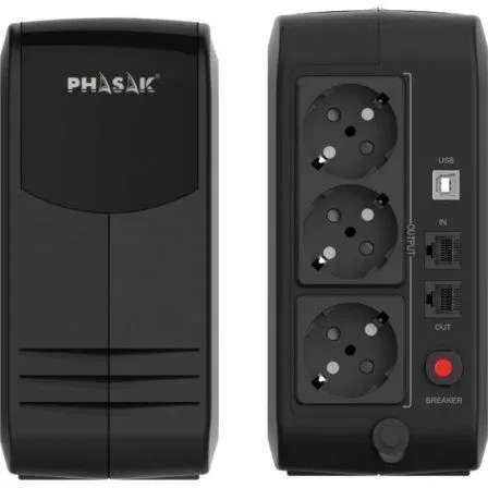 Phasak UPS SAI 750VA/450W Smart Lite PH 9497 - No-Break Line-Interactive con 3 Tomas Schuko, RJ45 y USB HID - Protección para PC, TPV, Consolas