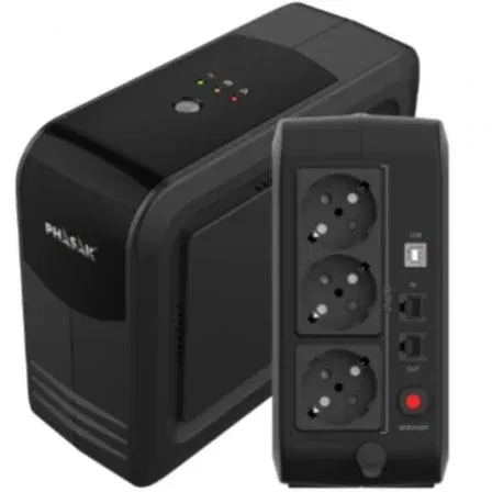 Phasak UPS SAI 750VA/450W Smart Lite PH 9497 - No-Break Line-Interactive con 3 Tomas Schuko, RJ45 y USB HID - Protección para PC, TPV, Consolas
