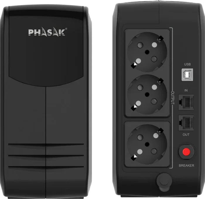 Phasak PH 9497 SAI UPS Interactivo 750 VA / 450 W, Con 3 Tomas Schuko, Puerto USB y Protección RJ45 para PC y Periféricos