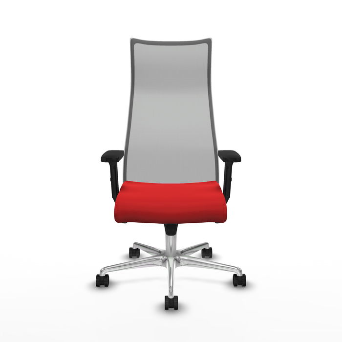 Sillón Albacete con mecanismo Sincro tapizada con Similpiel color Rojo y malla color Gris. Equipado con Base aluminio, Brazos 2D y Ruedas 65mm nailon