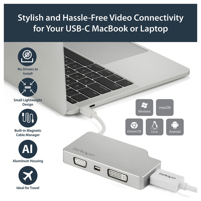 StarTech Adaptador USB-C Multipuertos Video a HDMI VGA DVI Mini DisplayPort 4K 60Hz para Monitor, 0.11m StarTech Adaptador USB-C Multipuertos Video a HDMI VGA DVI Mini DisplayPort 4K 60Hz para Monitor, 0.11m