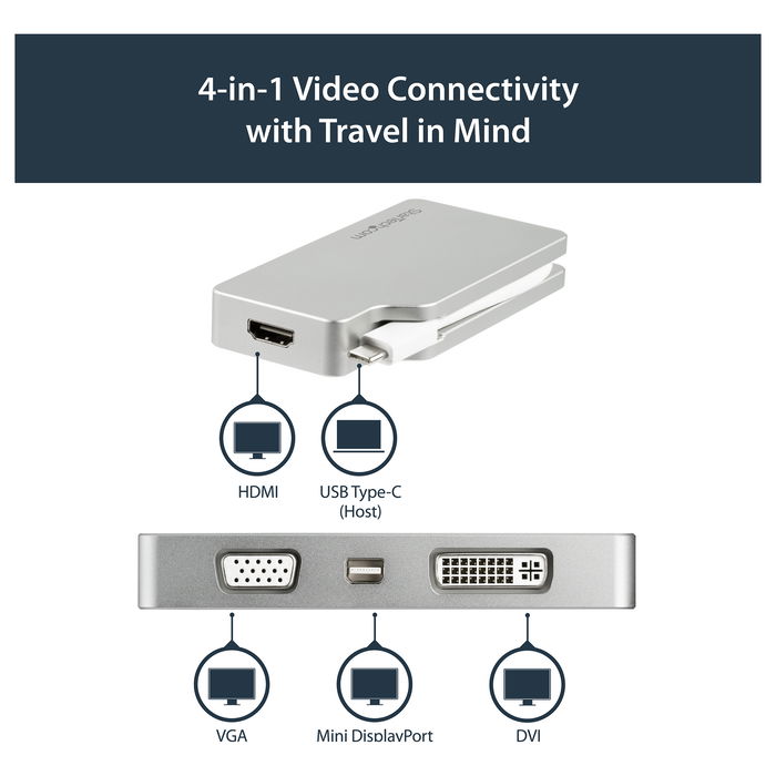 StarTech Adaptador USB-C Multipuertos Video a HDMI VGA DVI Mini DisplayPort 4K 60Hz para Monitor, 0.11m StarTech Adaptador USB-C Multipuertos Video a HDMI VGA DVI Mini DisplayPort 4K 60Hz para Monitor, 0.11m