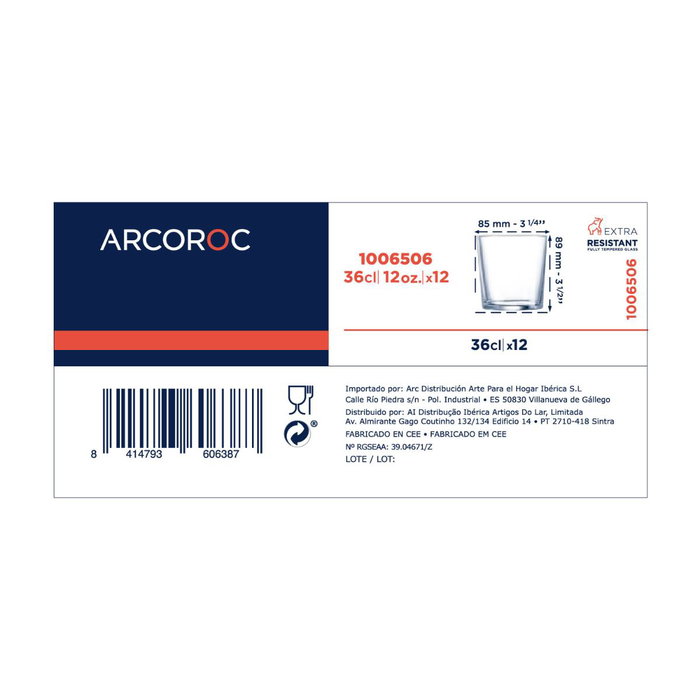 Caja 12 Vasos Altos Vidrio Pinta Arcoroc 36 cL