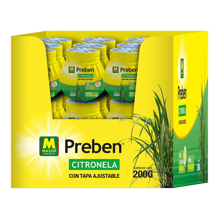Massó Gel con Citronela Repelente Tapa Graduable 200 g - Fragancia Fresca para Interior y Exterior - Expositor de 12 Unidades
