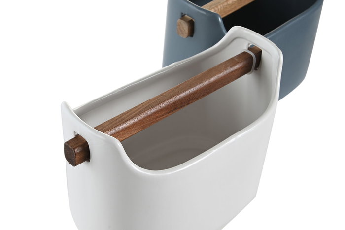 DKD Home Decor Cubertero Basicos Azul Blanco Gres Acacia 10.9 x 13.5 x 17.6 cm (4 Unidades)