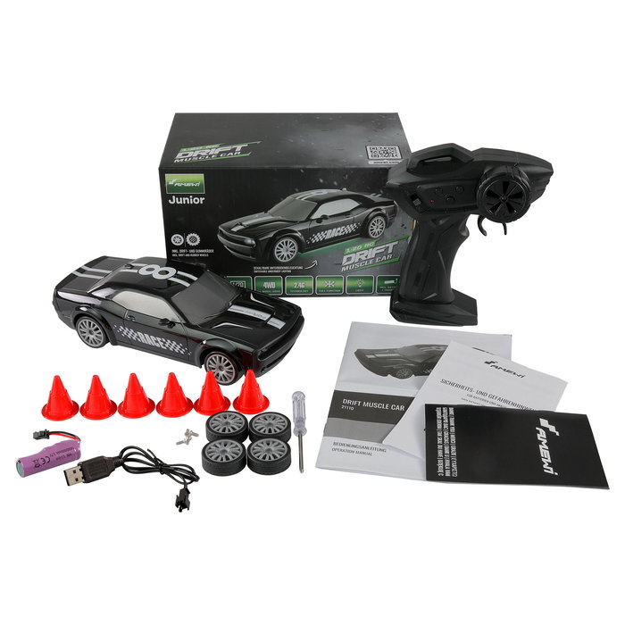AMEWI 21110 Coche de Carreras RC Drift Muscle Car 4WD 1:20 Escala Negro RTR con Iluminación, Motor Eléctrico, 2.4 GHz, 15 km/h, para +8 Años