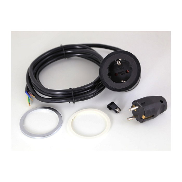 Bachmann 926.001 Enchufe de Pared con Protección 1x Schutzkontakt Tipo F, 2 m, Negro, Blanco y Acero Inoxidable, Incluye Aro Decorativo