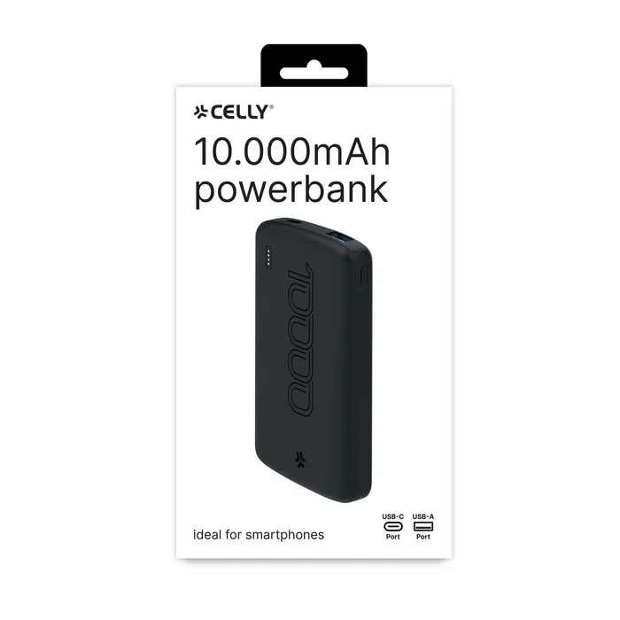 Celly PBE10000EVOBK Batería Externa Power Bank 10000 mAh Litio - Negro, con Puertos USB Tipo C y USB A, Entrada y Salida 5V/2A
