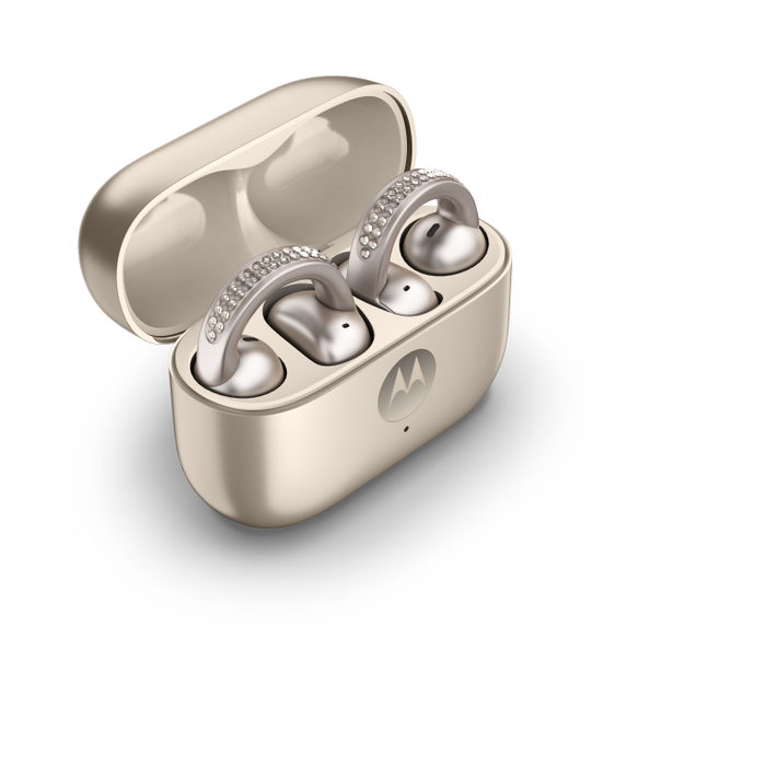 Motorola Moto Buds Loop Auriculares Inalámbricos Clip Oreja Open-Ear Bluetooth 5.0 - Sound by Bose, Reducción Activa de Ruido, 8h Batería, Resistente al Agua, Color Beige French Oak