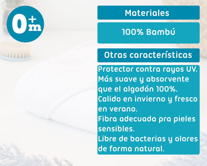 KioKids Toalla Baño Bebé Bambú Blanca con Capucha Termoclimática y Certificado Oeko-Tex 76x76 cm