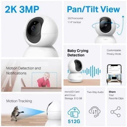 Tp-Link Cámara IP WiFi Tapo TC71 Pan Tilt 2K 3MP Audio Bidireccional Visión Nocturna 360° H 114° V Compatible con Alexa y Google Home