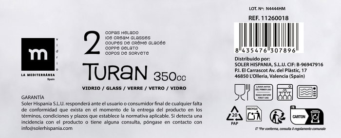 La Mediterranea Set 2 Copas Helado Turan 350 cc ø8.2x18 cm (24 Cajas) La Mediterranea Set 2 Copas Helado Turan 350 cc ø8.2x18 cm (24 Cajas)