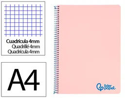 Liderpapel Cuaderno espiral A4 Wonder tapa plástico 80 hojas 90gr cuadro 4mm con margen color rosa