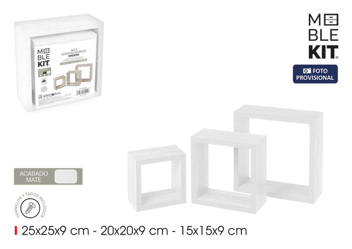 Inde Set de 3 Estantes Flotantes Decorativos, 25x25x9 cm, 20x20x9 cm y 15 cm, Color Blanco, Incluye Kit de Montaje (4 Unidades) Inde Set de 3 Estantes Flotantes Decorativos, 25x25x9 cm, 20x20x9 cm y 15 cm, Color Blanco, Incluye Kit de Montaje (4 Unidades)