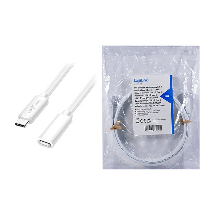 LogiLink Cable USB 2.0 Type-C C/M a C/F 100W 1 m Blanco