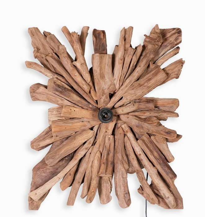 DKD Home Decor Aplique de Pared Lampara de Teca Reciclada y Lino Marrón 25x71.5x60 cm con Portalámparas E27