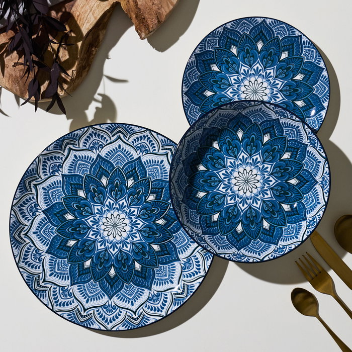 Home Deco Factory Vajilla 12 Piezas Porcelana Apto Lavavajillas, Diseño Mandala Azul, Incluye 4 Platos de 19, 20 y 27 cm
