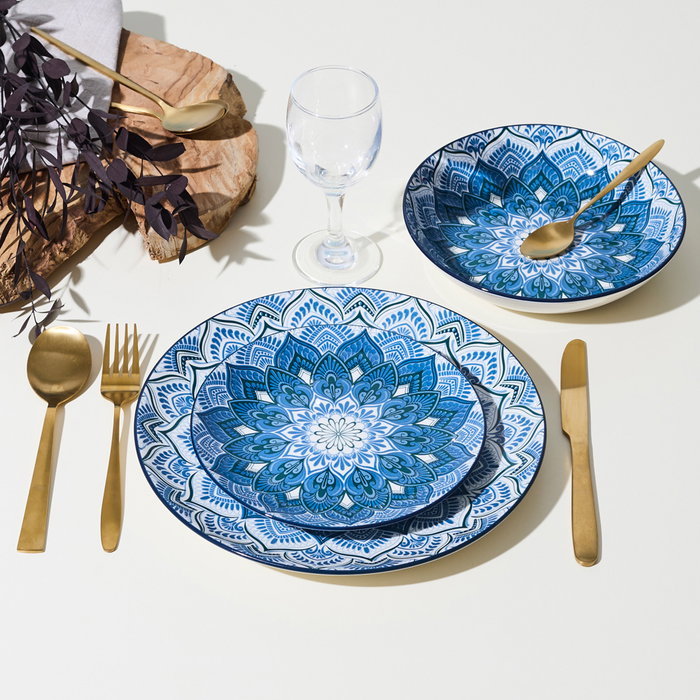 Home Deco Factory Vajilla 12 Piezas Porcelana Apto Lavavajillas, Diseño Mandala Azul, Incluye 4 Platos de 19, 20 y 27 cm