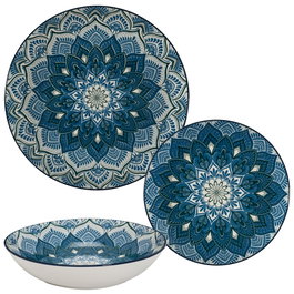 Home Deco Factory Vajilla 12 Piezas Porcelana Apto Lavavajillas, Diseño Mandala Azul, Incluye 4 Platos de 19, 20 y 27 cm