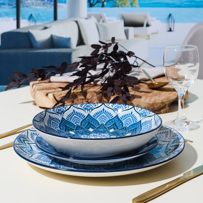 Home Deco Factory Vajilla 12 Piezas Porcelana Apto Lavavajillas, Diseño Mandala Azul, Incluye 4 Platos de 19, 20 y 27 cm