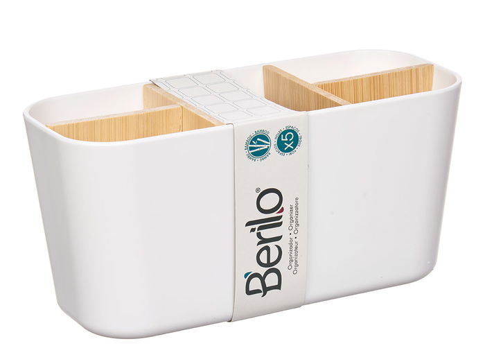 Berilo Organizador Ovalado 5 Huecos Bambú y Plástico Blanco 21x10x8.8cm (Set de 6)