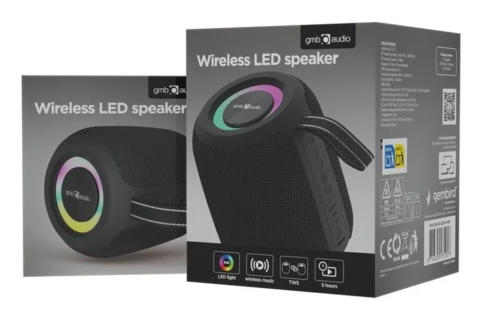 Gembird Altavoz Bluetooth Portátil SPK-BT-LED-05-BK para Fiestas con Luces LED RGB, Micrófono, Radio FM, Entrada USB/AUX, TWS, Batería Recargable, Negro