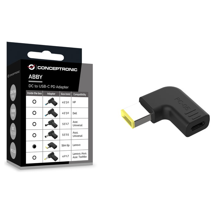 Conceptronic ABBY15PC05 Adaptador de CC a USB-C para Lenovo Slim tip 18-20V Conceptronic ABBY15PC05 Adaptador de CC a USB-C para Lenovo Slim tip 18-20V