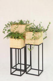 DKD Home Decor Macetero Scandi Natural Negro Metal Bambú 28 x 80 x 28 cm Set de 3