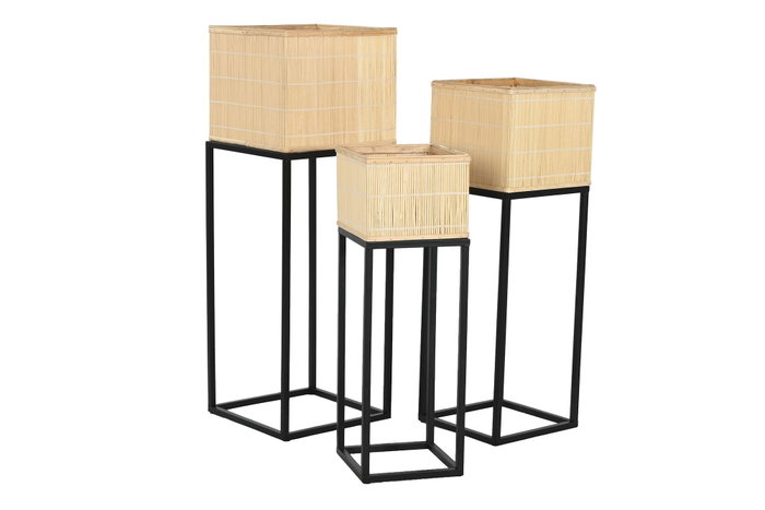 DKD Home Decor Macetero Scandi Natural Negro Metal Bambú 28 x 80 x 28 cm Set de 3