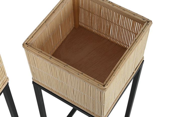 DKD Home Decor Macetero Scandi Natural Negro Metal Bambú 28 x 80 x 28 cm Set de 3