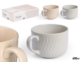 Vessia Tazón para Desayuno, 560 ml, Cerámica, 2 Colores Surtidos (Beige y Gris), Dimensiones 16x12x9 cm (Set de 24)
