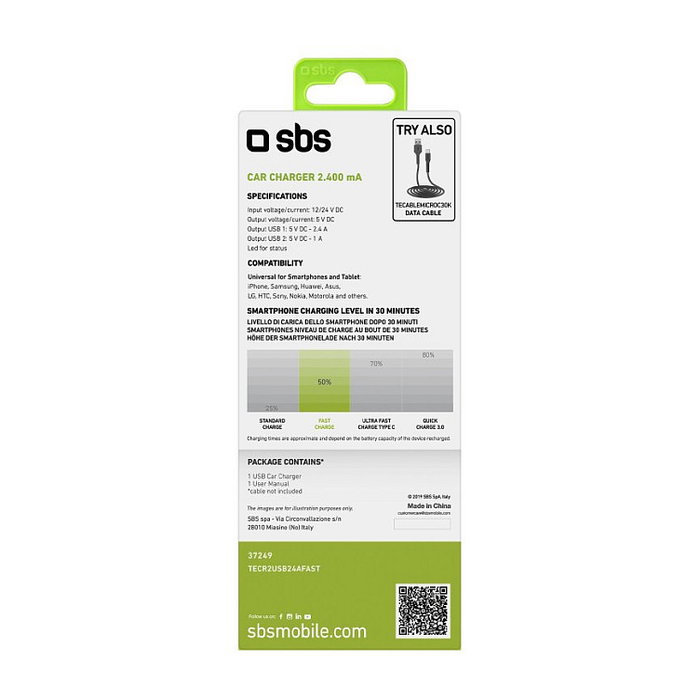 SBS Cargador de coche 12W 2x USB-A 2,4A Negro SBS Cargador de coche 12W 2x USB-A 2,4A Negro