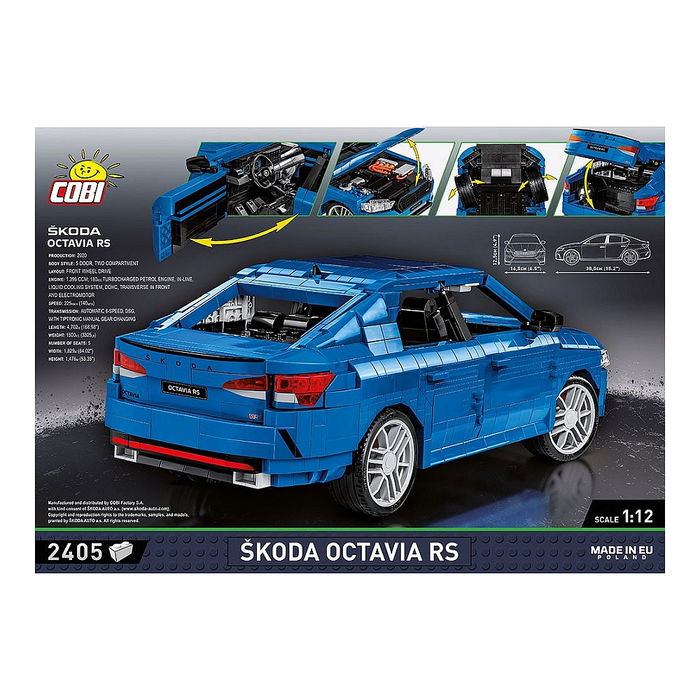 Cobi Skoda Octavia RS Kit de Construcción, 2405 Piezas, Escala 1:12, Modelo 385x165x125 mm, para Mayores de 10 Años, Color Negro y Azul