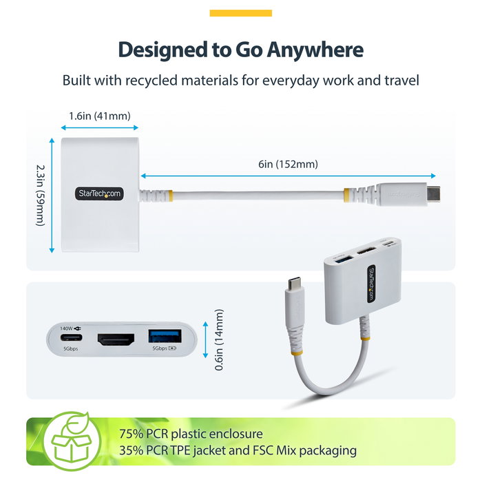 StarTech Dock Hub Multipuertos USB-C a HDMI 140W Blanco StarTech Dock Hub Multipuertos USB-C a HDMI 140W Blanco