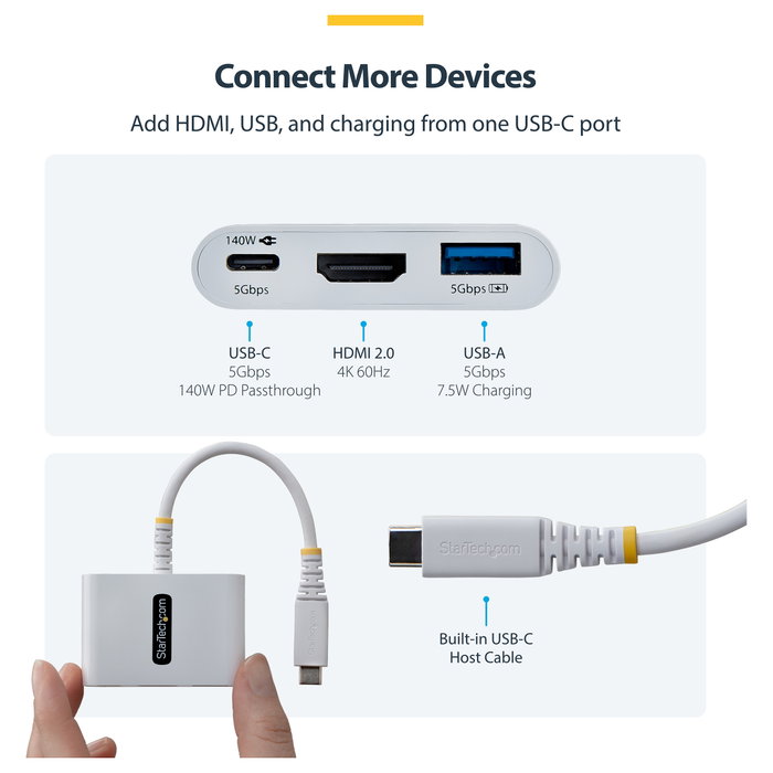 StarTech Dock Hub Multipuertos USB-C a HDMI 140W Blanco StarTech Dock Hub Multipuertos USB-C a HDMI 140W Blanco