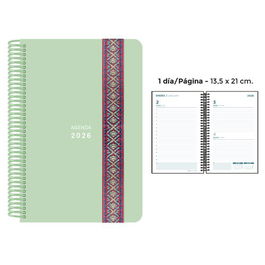 Agenda Anual (2026) Senfort Pastel Espiral Tapa Pp Con Goma Decorada 135X210 D/P Verde
