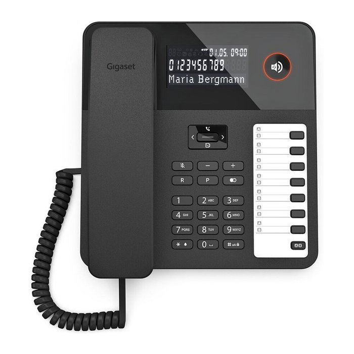 Gigaset Desk 600 Negro - Teléfono Fijo de Sobremesa y Pared con Cable, Pantalla LCD, 7 Teclas de Marcación Rápida, Directorio, Compatible con Auriculares