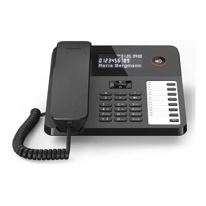 Gigaset Desk 600 Negro - Teléfono Fijo de Sobremesa y Pared con Cable, Pantalla LCD, 7 Teclas de Marcación Rápida, Directorio, Compatible con Auriculares