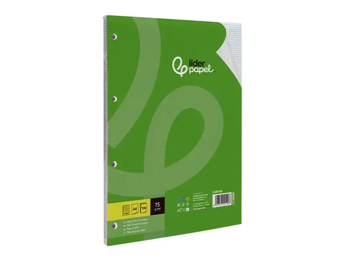 Liderpapel Recambio Folios DIN A4, 100 Hojas, 75 g/m², Cuadrícula 3 mm, con Márgenes y 4 Taladros para Archivador