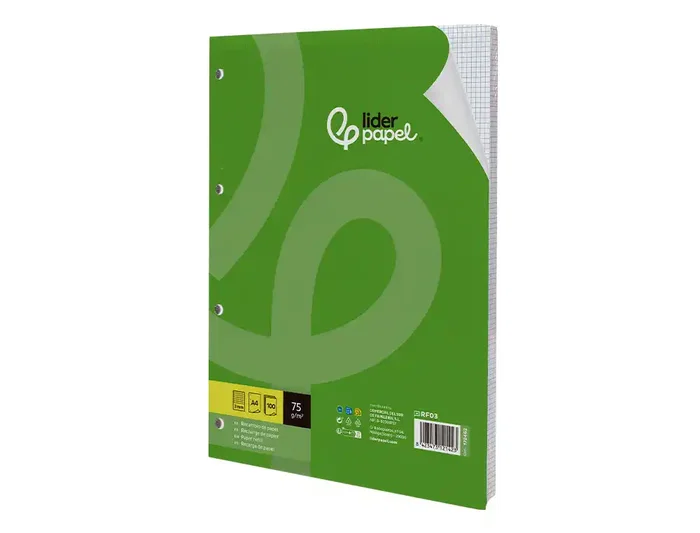 Liderpapel Recambio Folios DIN A4, 100 Hojas, 75 g/m², Cuadrícula 3 mm, con Márgenes y 4 Taladros para Archivador