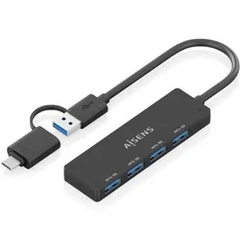Aisens Hub USB 3.1 Gen 1 (A109,0987) con 4 puertos USB-A 3.0, conexión USB-C macho + USB-A macho, negro, 15 cm, velocidad hasta 5 Gbps